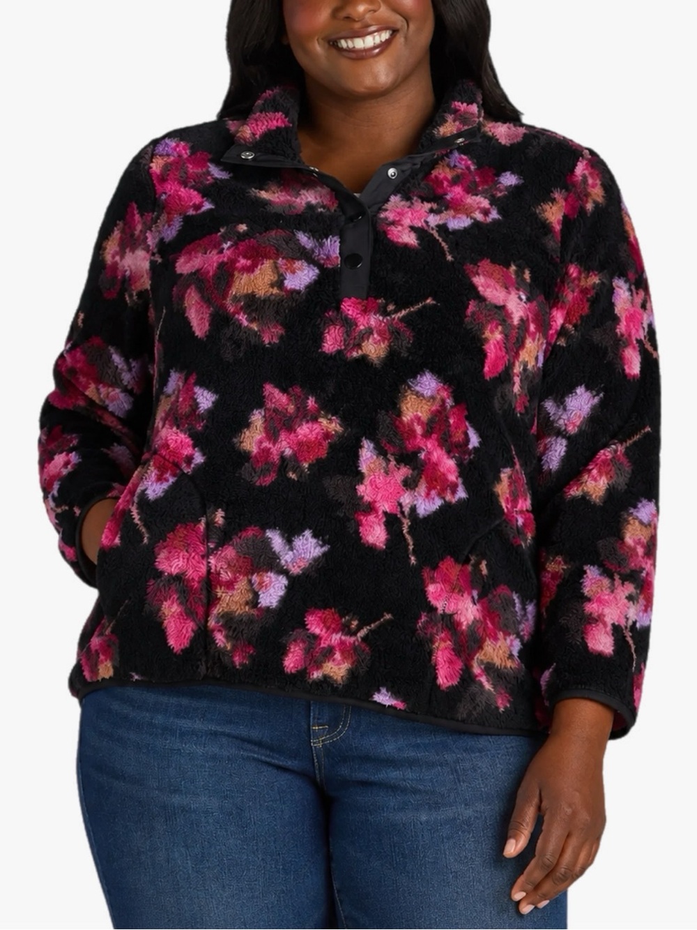 Terra & Sky Plus Size 0X Black Pink Floral Sherpa Fleece Snap Pullover Jacket